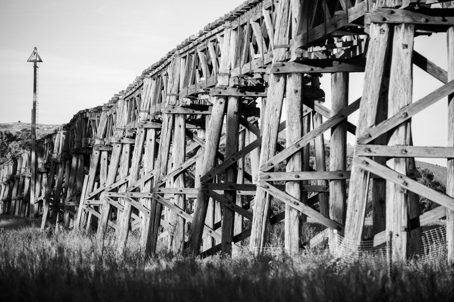Historic bridge Gundagai in black and white.